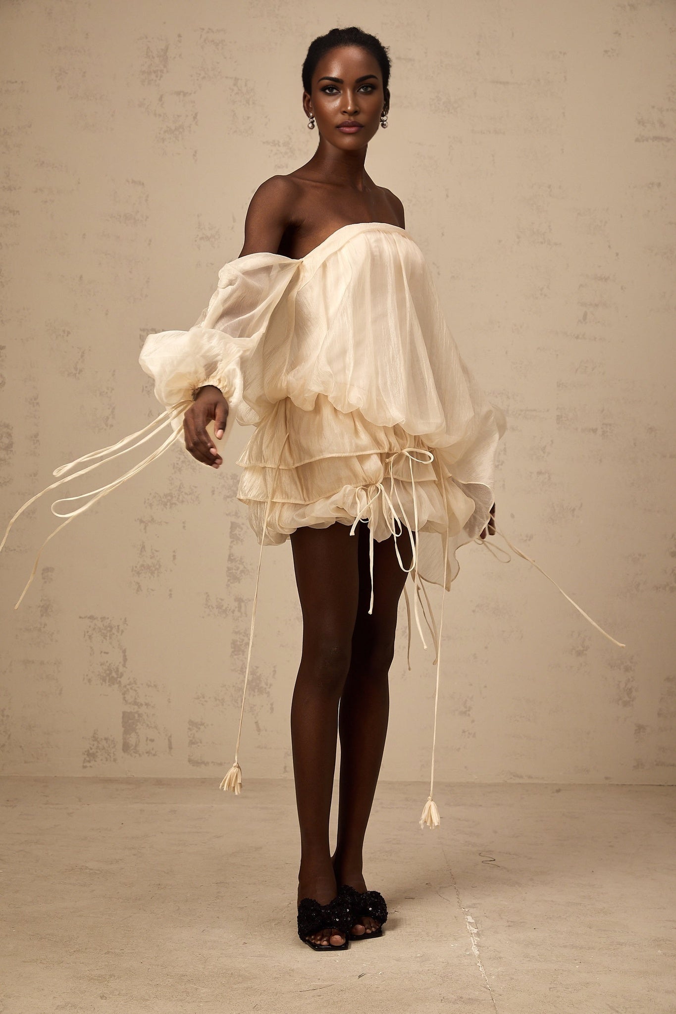 Amaya - Off-Shoulder Champagne Mini Dress