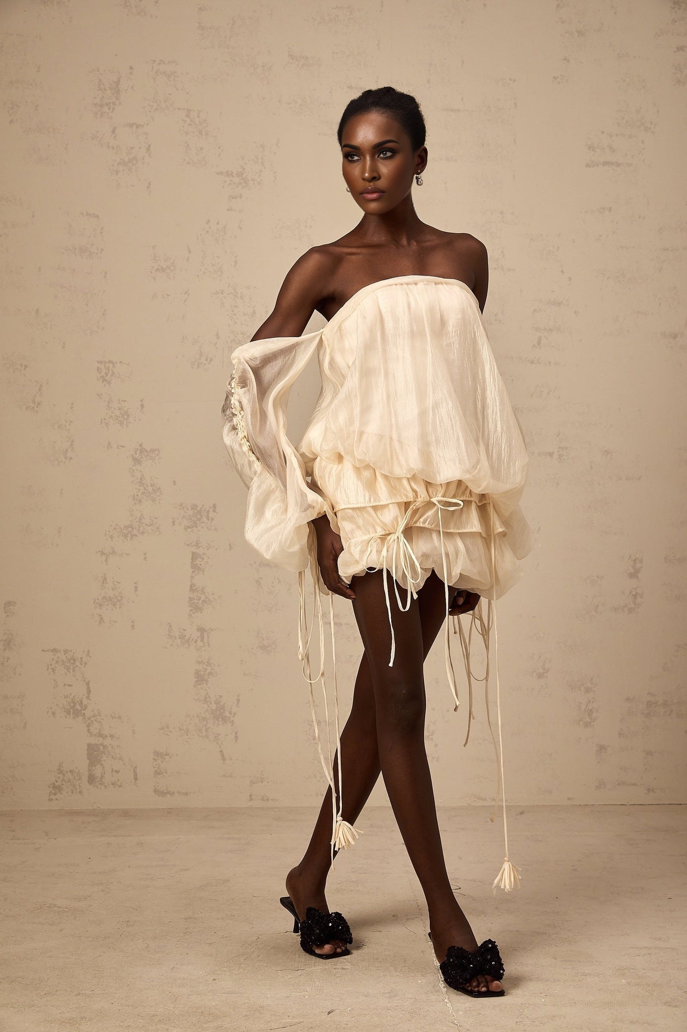 Amaya - Off-Shoulder Champagne Mini Dress