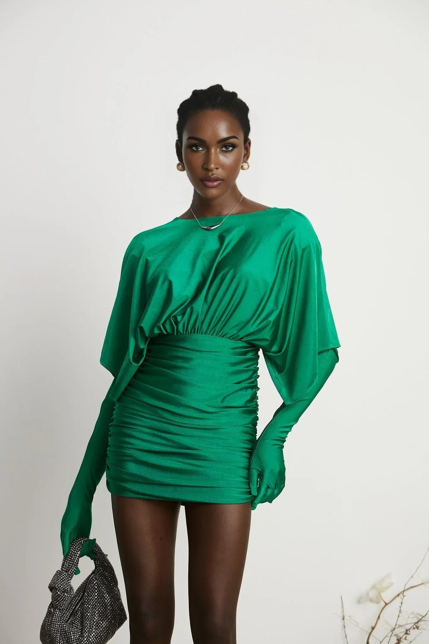 Alba - V-Neck Gloves Set Mini Dress