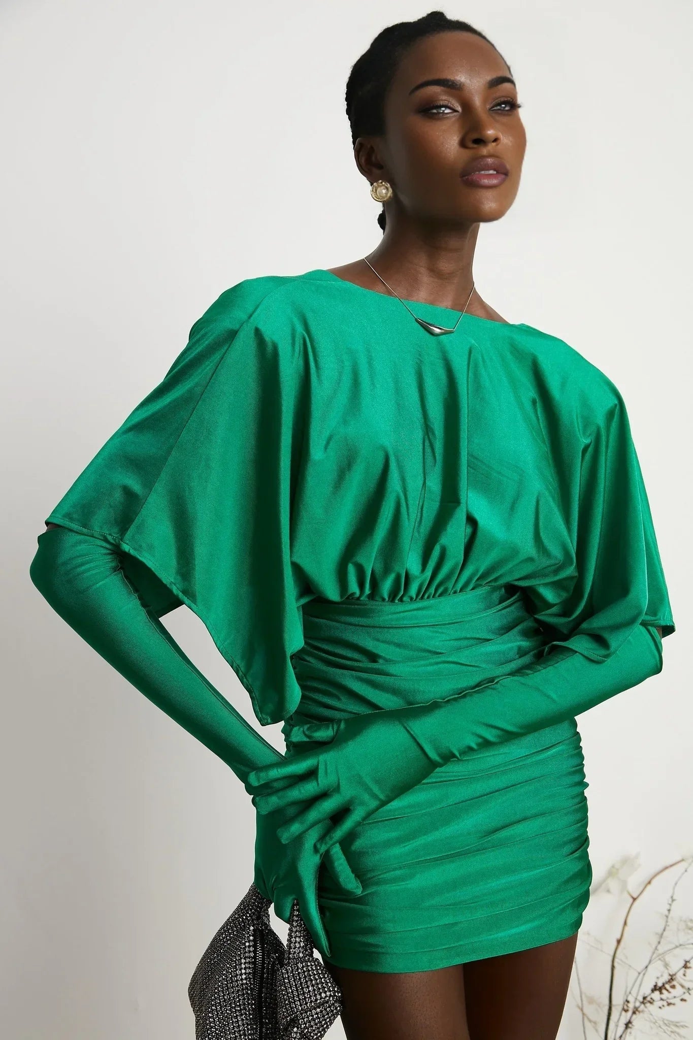 Alba - V-Neck Gloves Set Mini Dress