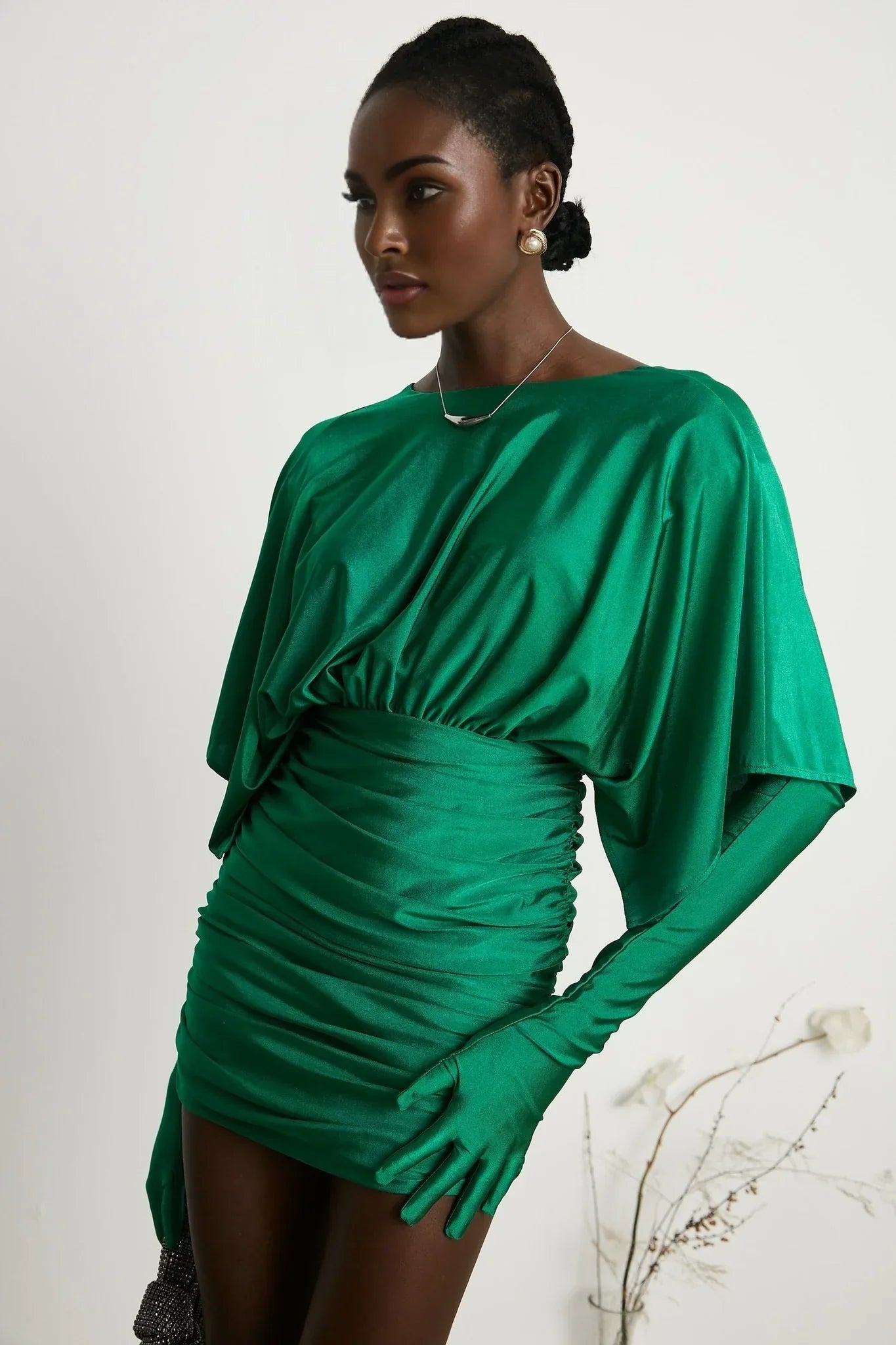 Alba - V-Neck Gloves Set Mini Dress