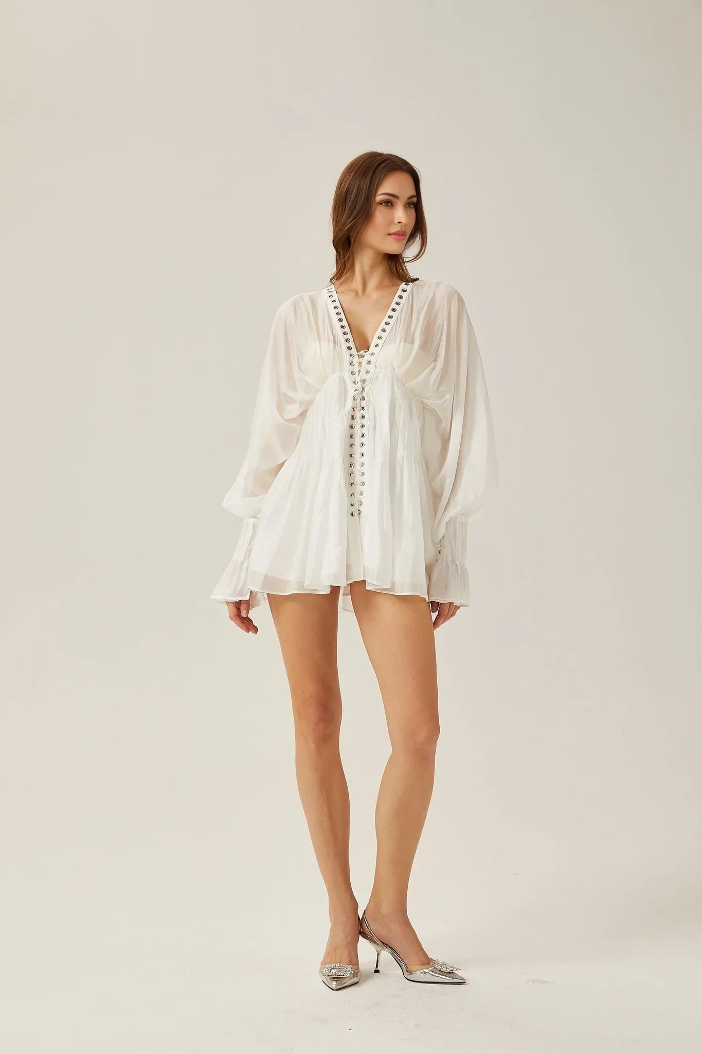 Agata - Sheer White Puff Sleeve Mini Dress