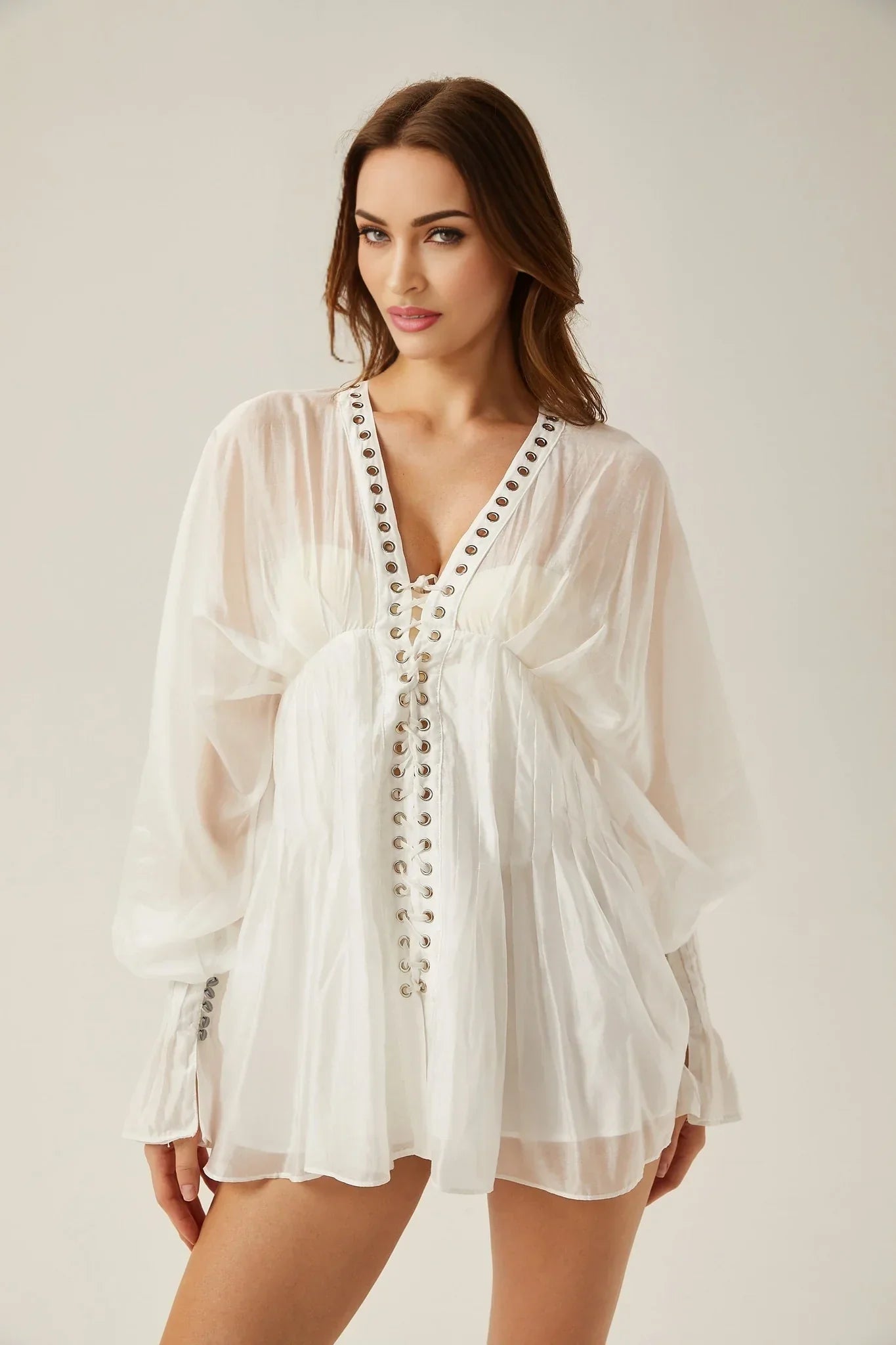 Agata - Sheer White Puff Sleeve Mini Dress