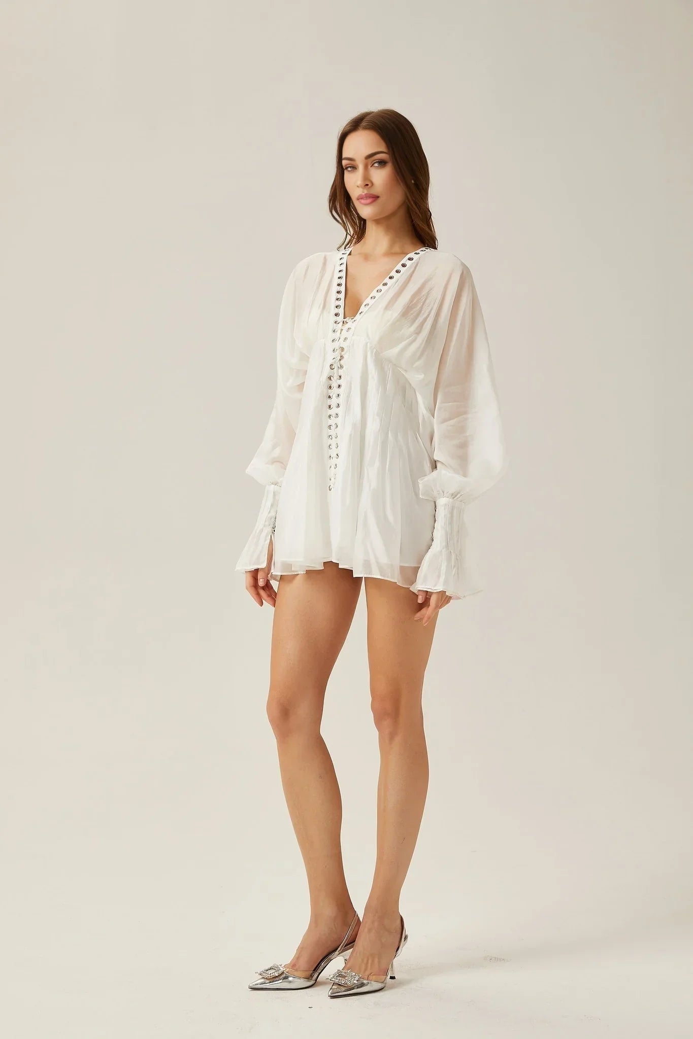 Agata - Sheer White Puff Sleeve Mini Dress