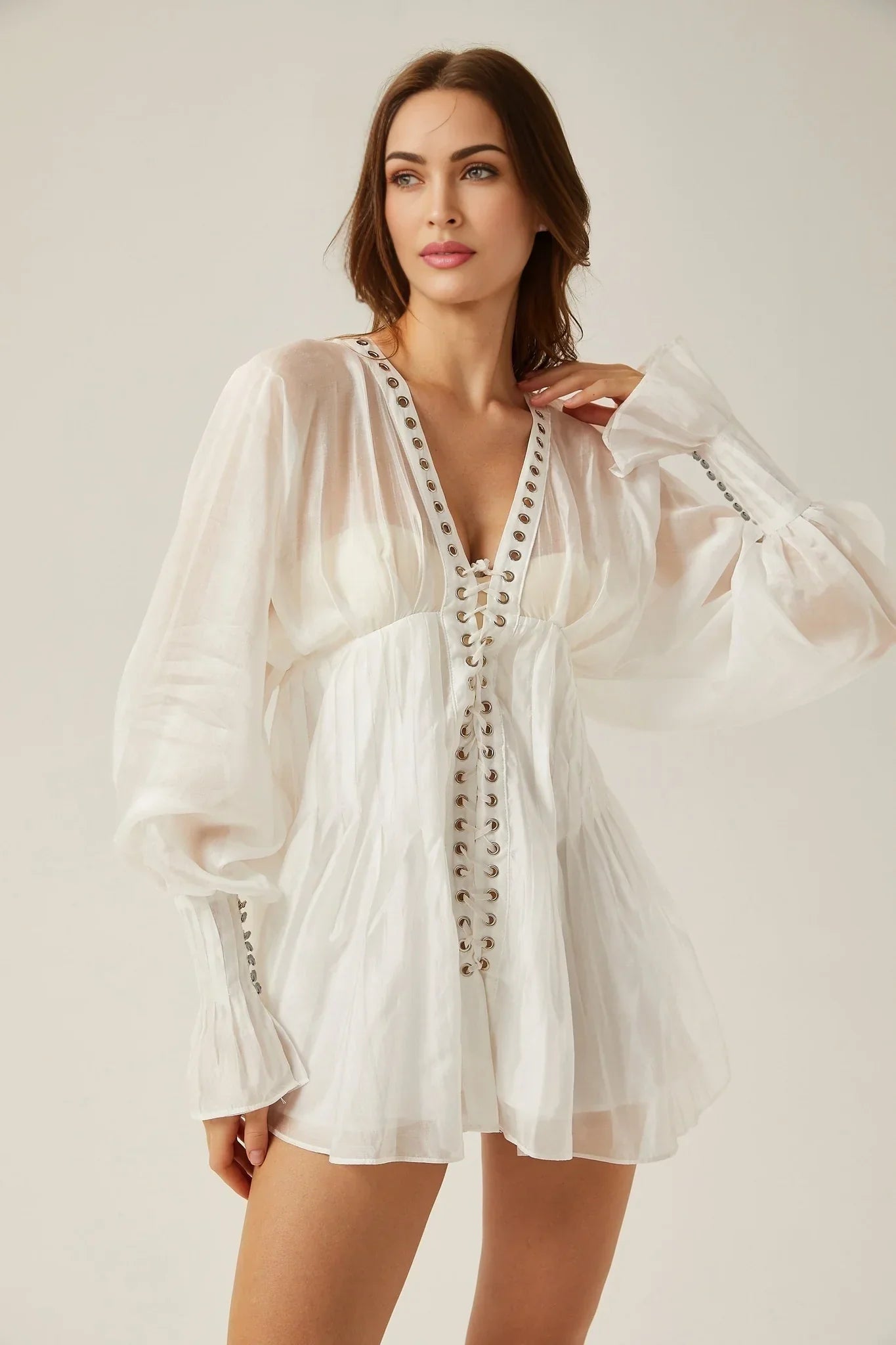 Agata - Sheer White Puff Sleeve Mini Dress